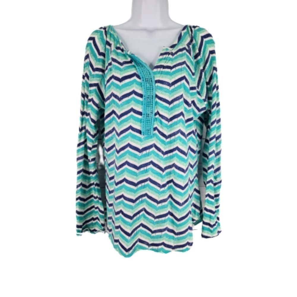 Caribbean Joe Peasant Top Blue Green Zig Zag